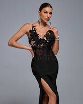 Beadwork 3D Floral Side Split Bandage Dress